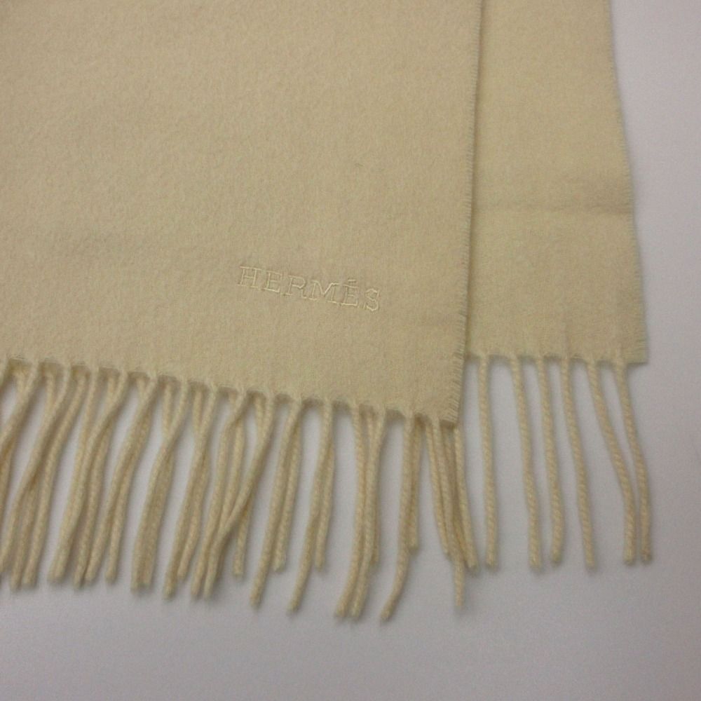 Hermes Cashmere Wool Blanket Plaid Large Throw Embroidery 200 140 Ivory — view 7