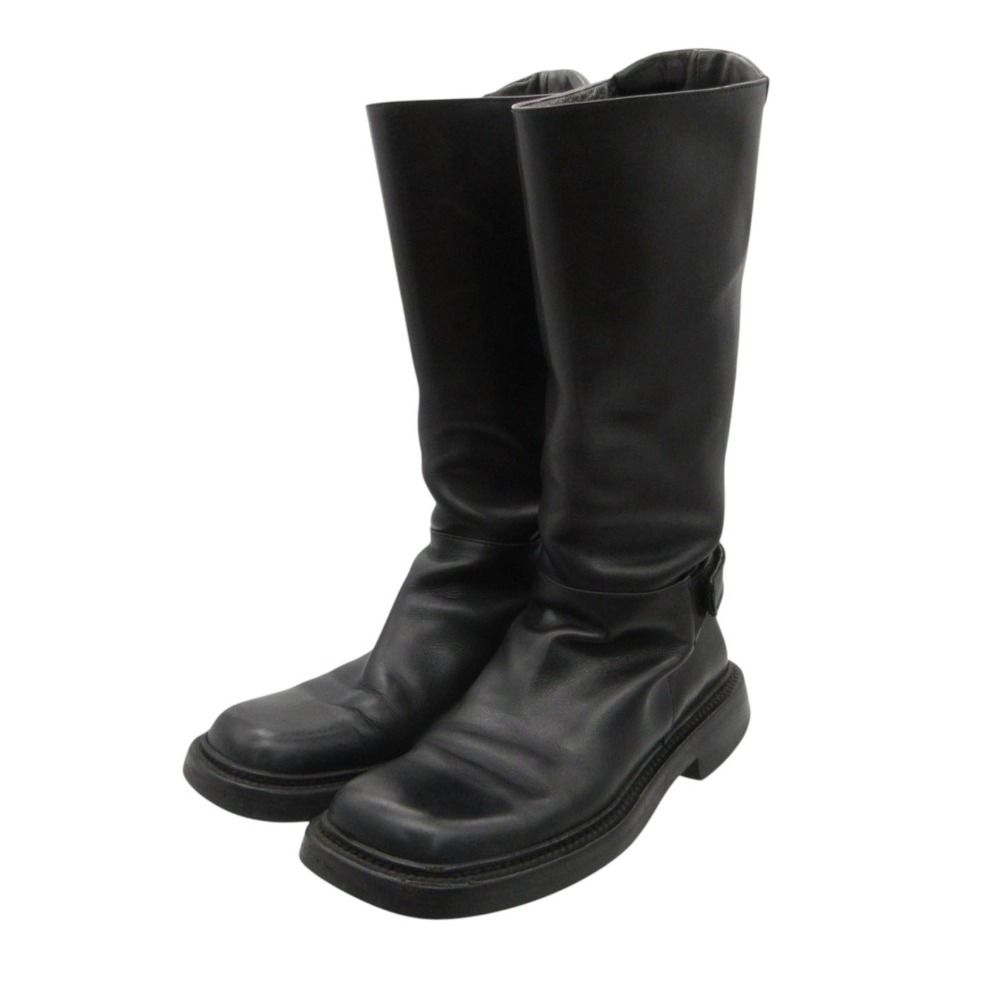 Prada Boots Vintage Archive Square Toe Leather Long Shoes Buckle Belt Black