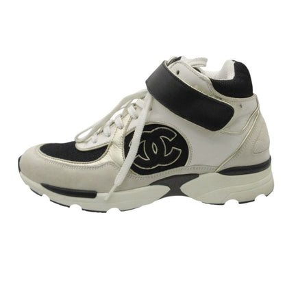Chanel Sneakers CC Logo High Cut Shoes Velcro Mesh Suede Rubber Sole White