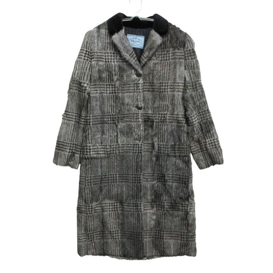 Prada Coat Goat Fur Notched Collar Long Length Glen Check Pattern Gray