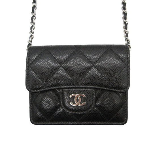 Chanel Shoulder Bag Chain Wallet Pouch Mini Quilted Caviar Leather Black