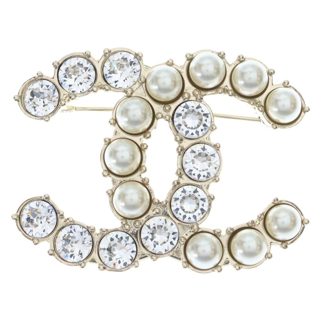 Chanel CC Logo Brooch Pin Badge Gold White Rhinestone Faux Pearl