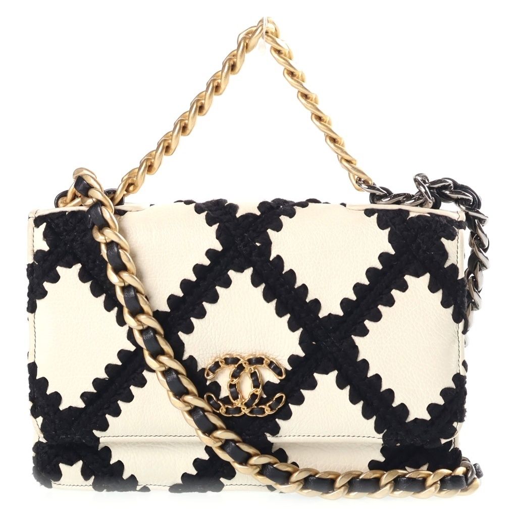 Chanel 19 Chain Wallet Shoulder Bag White Black Clochette Calfskin Gold