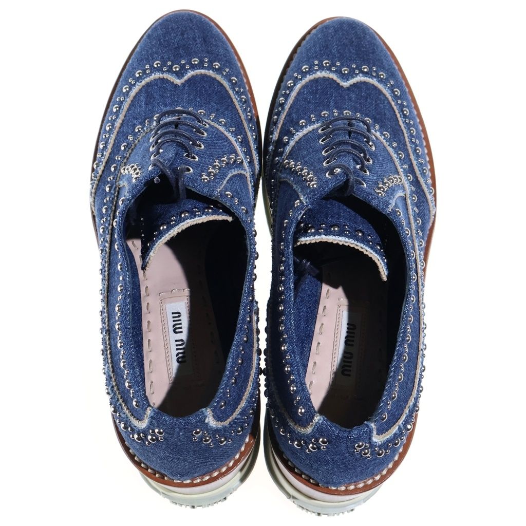 Miu Miu Studded Decoration Wood Sole Heels Denim Platform Sneakers Indigo — view 4