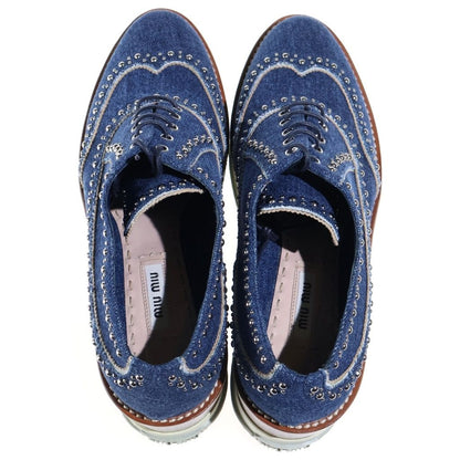 Miu Miu Studded Decoration Wood Sole Heels Denim Platform Sneakers Indigo — view 4