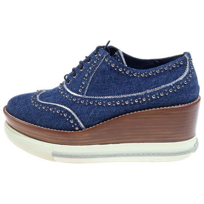 Miu Miu Studded Decoration Wood Sole Heels Denim Platform Sneakers Indigo