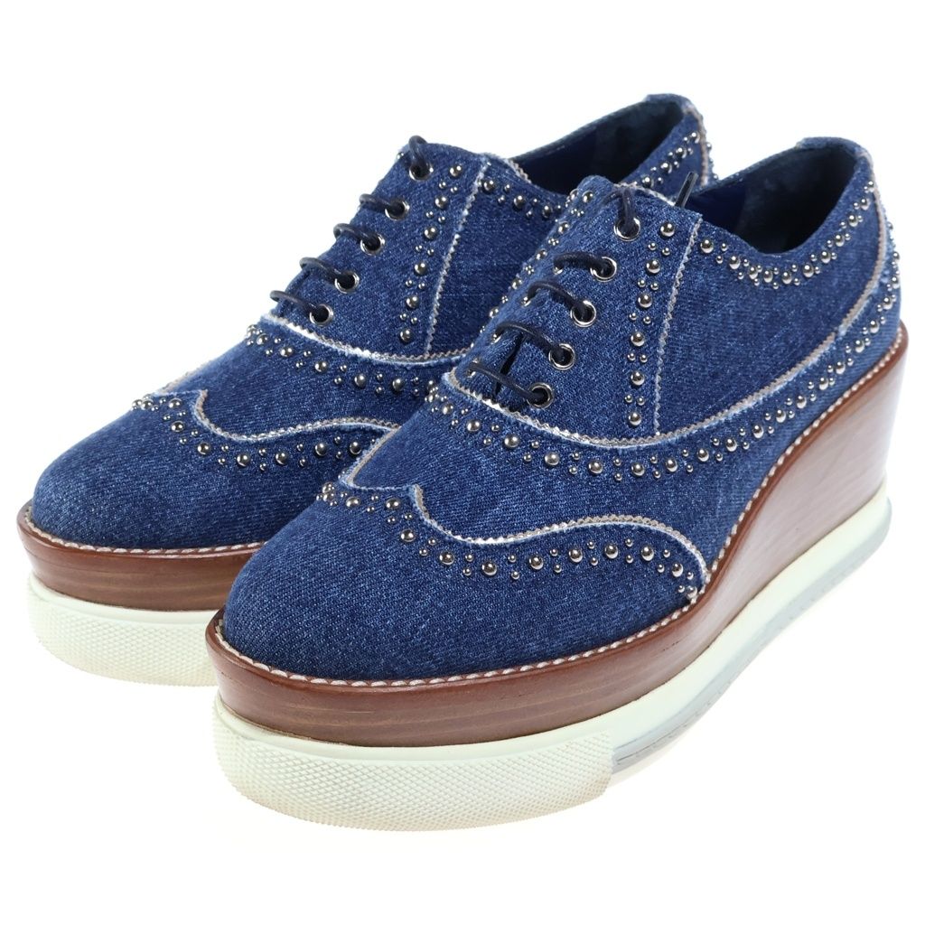 Miu Miu Studded Decoration Wood Sole Heels Denim Platform Sneakers Indigo — view 2