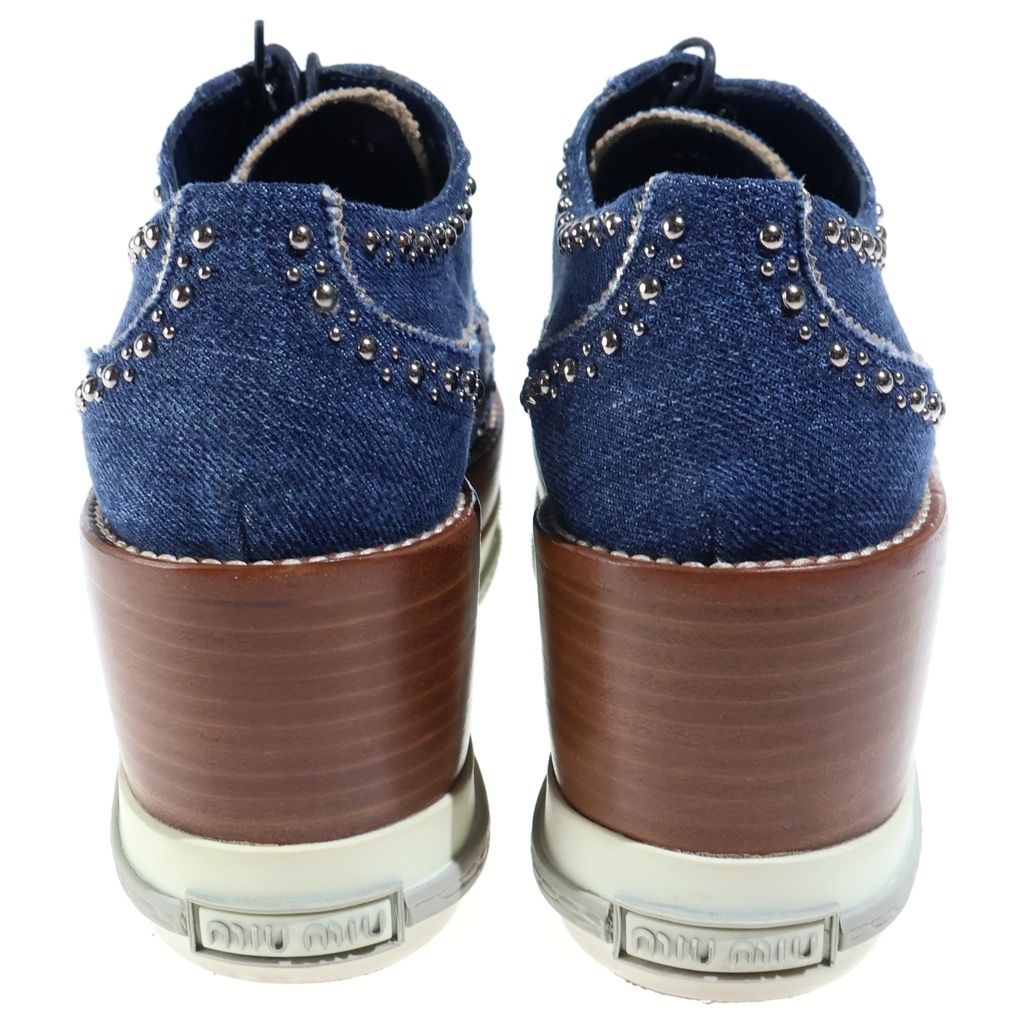 Miu Miu Studded Decoration Wood Sole Heels Denim Platform Sneakers Indigo — view 3