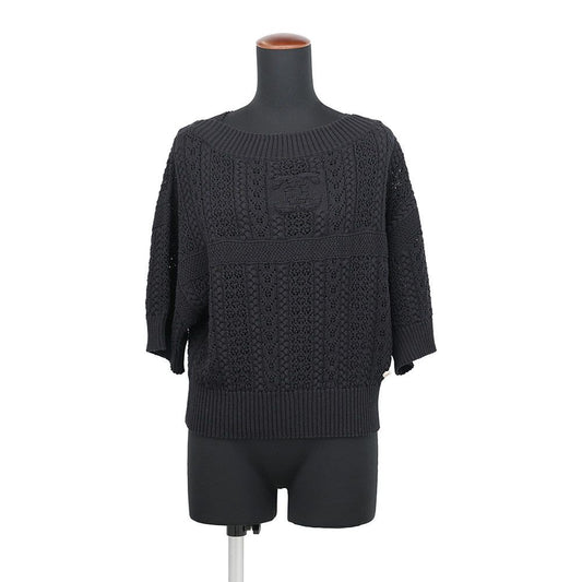 Chanel Knit Coco Beach Short Sleeve Mark Cotton Top Black Sweater