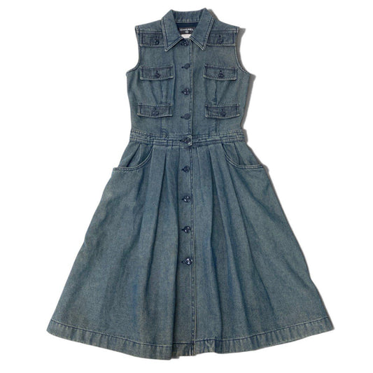Chanel 01P CC Button Denim Long Dress Vintage CC Indigo Blue 36
