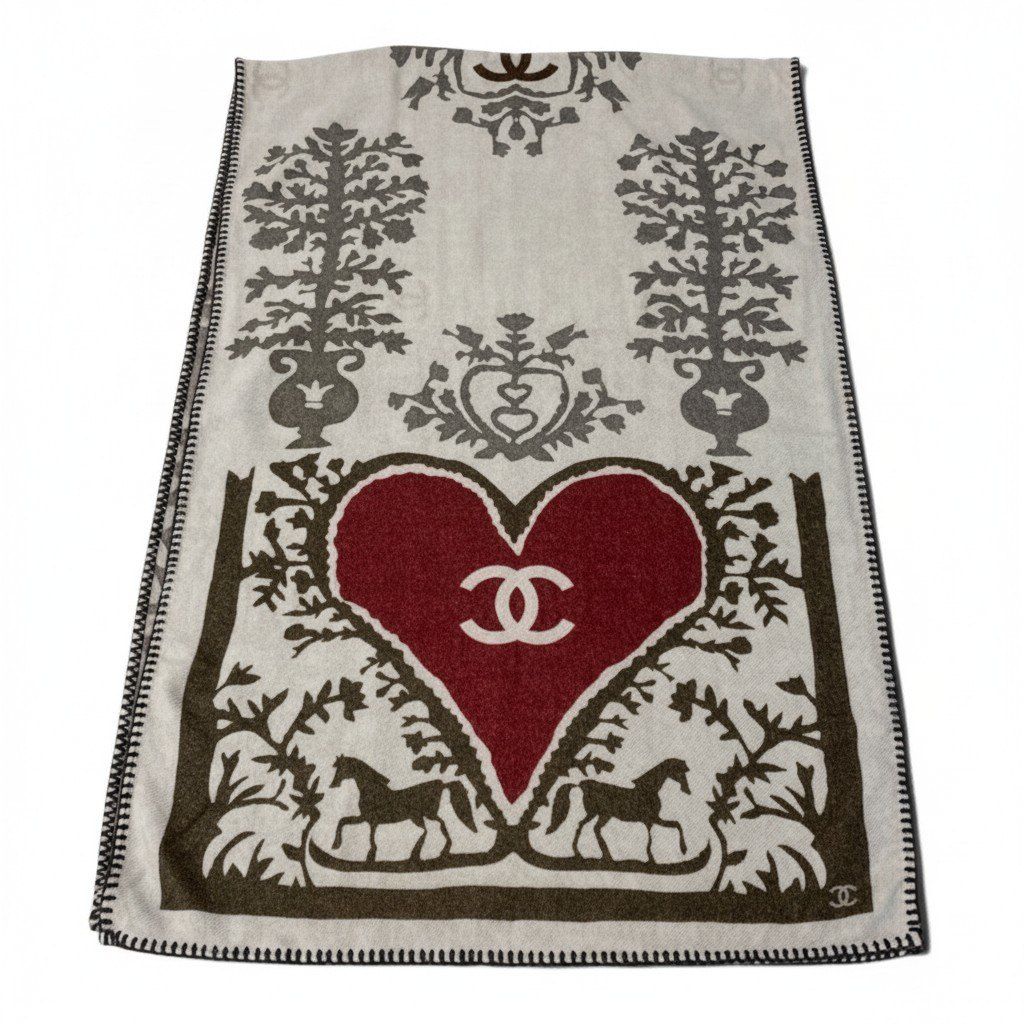Chanel 15A Coco Heart Large Cashmere Scarf CC Large 100% Shawl
