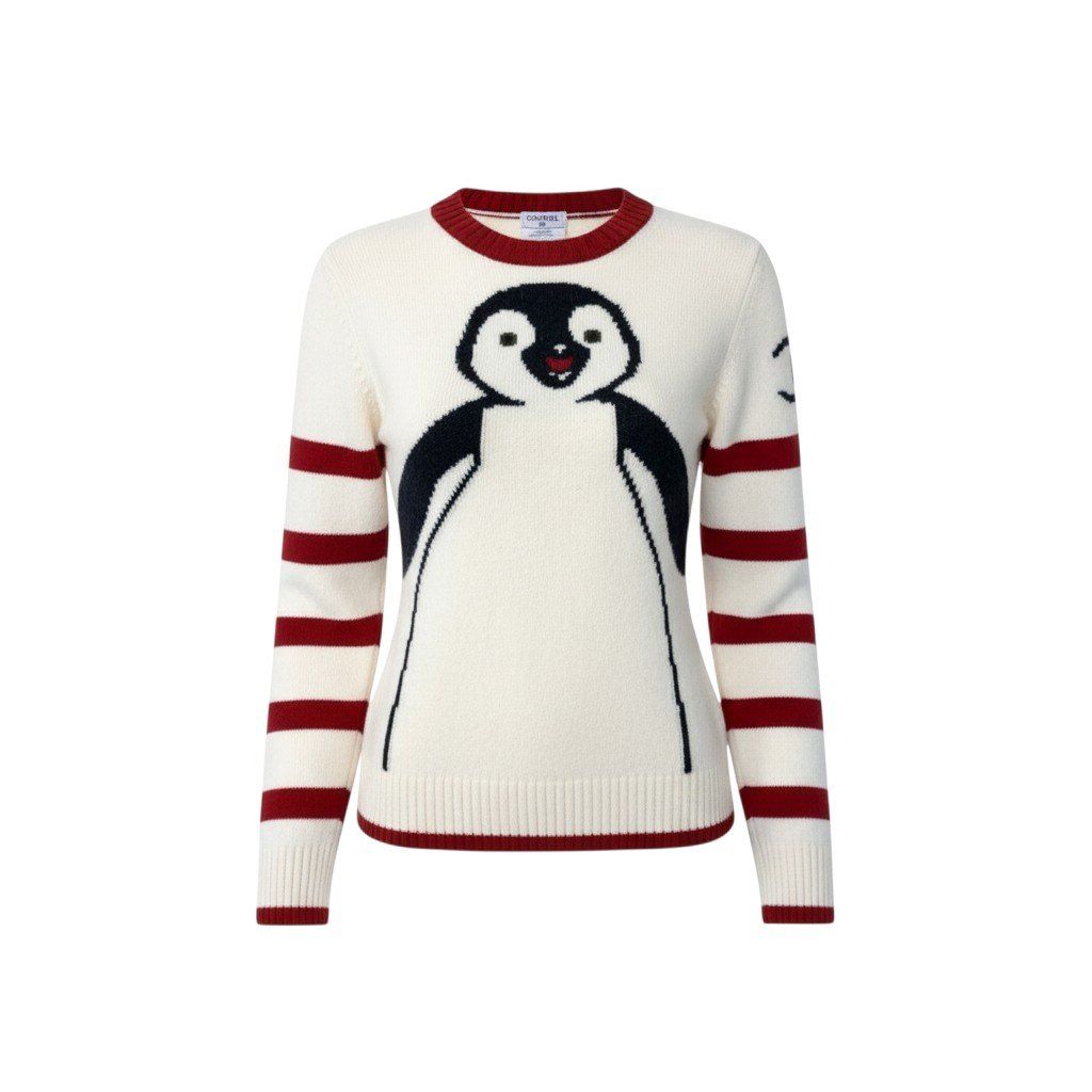 Chanel Knit Sweater Penguin Print Crew Neck Wool Ivory Red 42