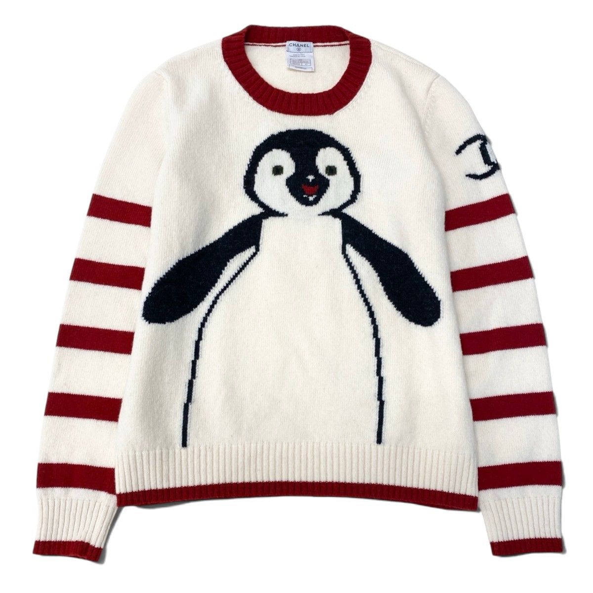 Chanel Knit Sweater Penguin Print Crew Neck Wool Ivory Red 42 — view 2