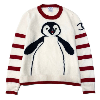 Chanel Knit Sweater Penguin Print Crew Neck Wool Ivory Red 42 — view 2