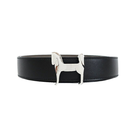 Hermes Belt Buckle Panash Leather 32 Black Gray Silver Reversible
