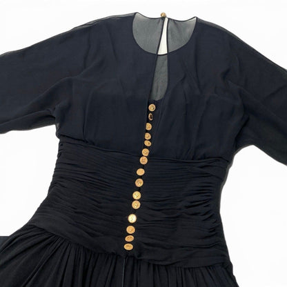 Chanel Dress Vintage Gold Button Chiffon Black Silk 38 — view 5