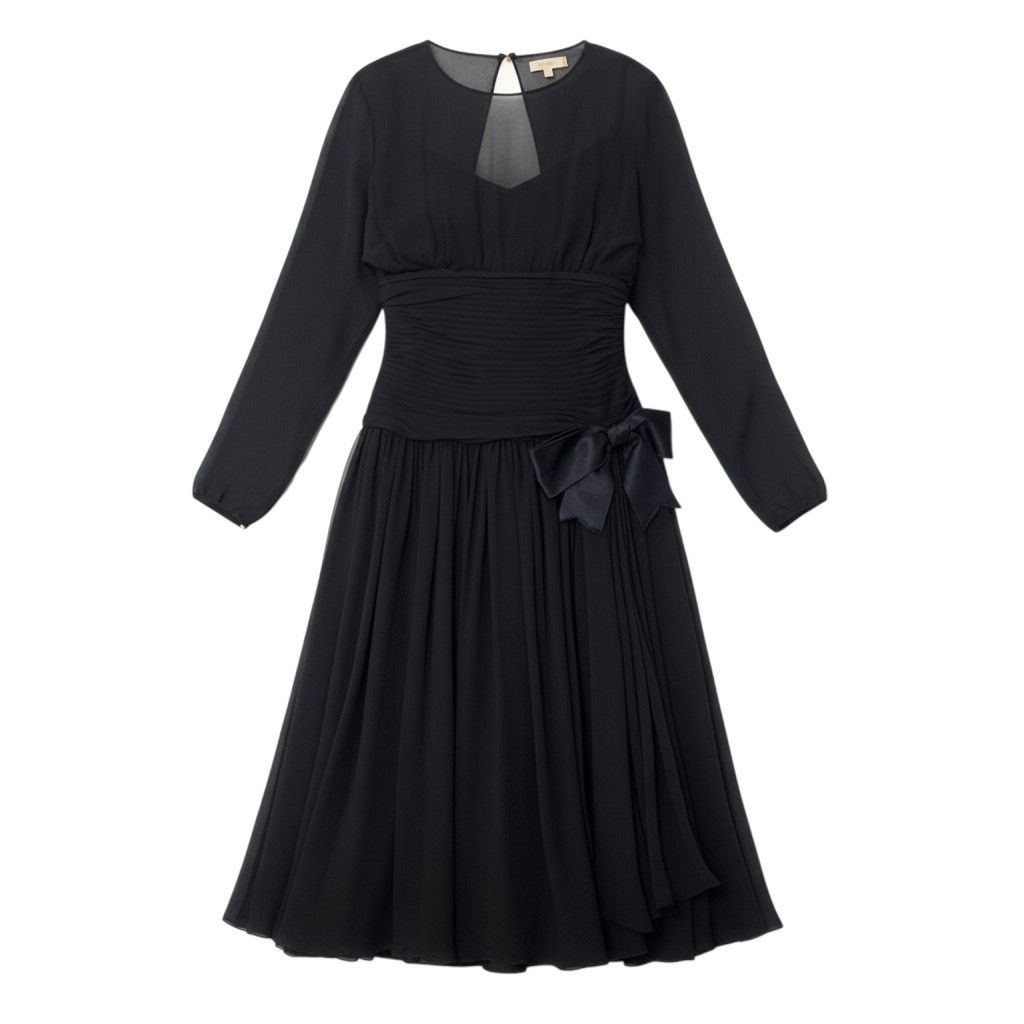 Chanel Dress Vintage Gold Button Chiffon Black Silk 38
