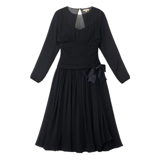 Chanel Dress Vintage Gold Button Chiffon Black Silk 38