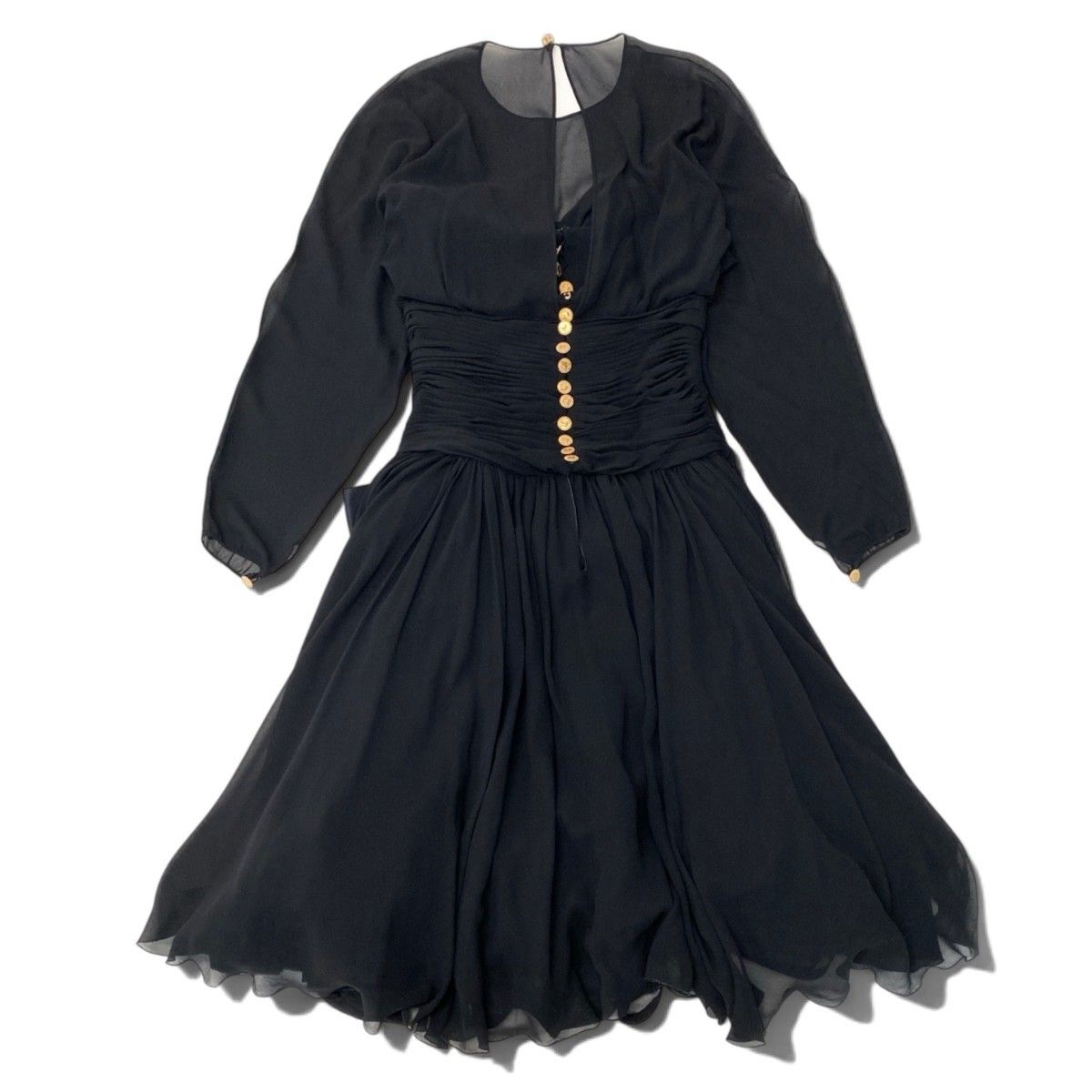 Chanel Dress Vintage Gold Button Chiffon Black Silk 38 — view 3