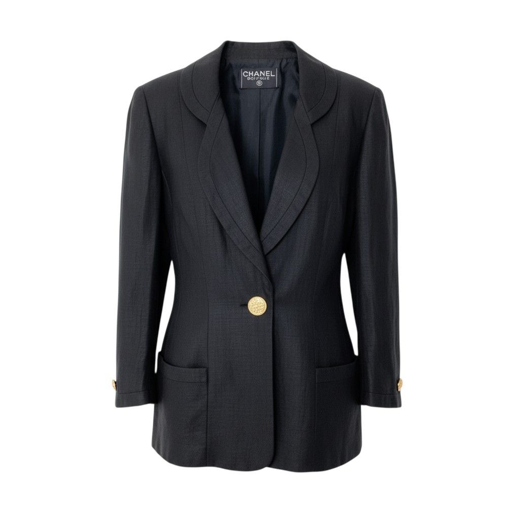 Chanel Boutique Tailored Jacket Gold Button Lining CC Logo Black