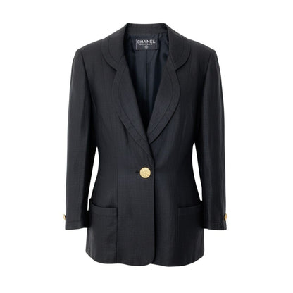 Chanel Boutique Tailored Jacket Gold Button Lining CC Logo Black