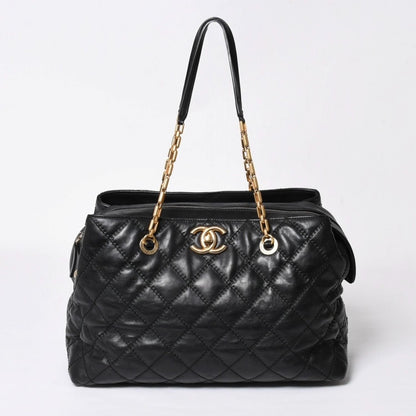 Chanel Chain Tote Bag CC Logo Quilted Leather Black Gold