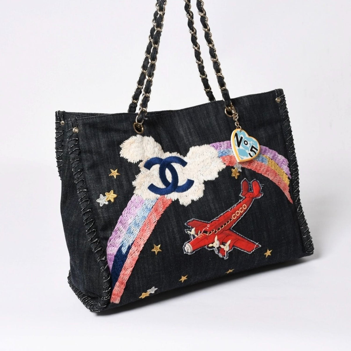 Chanel Chain Tote Bag Night Flight Embroidery CC Logo Denim — view 3