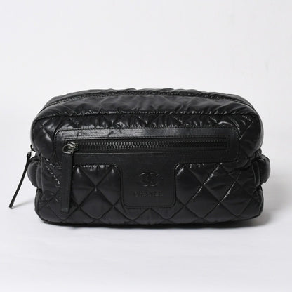 Chanel Coco Cocoon Clutch Black Nylon Calfskin Makeup Pouch Silver