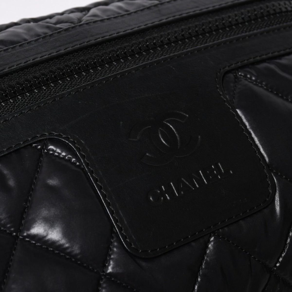 Chanel Coco Cocoon Clutch Black Nylon Calfskin Makeup Pouch Silver — view 6