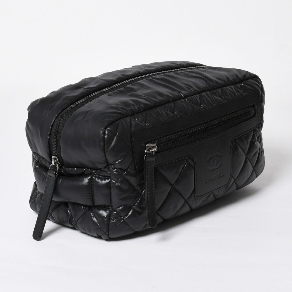 Chanel Coco Cocoon Clutch Black Nylon Calfskin Makeup Pouch Silver — view 3