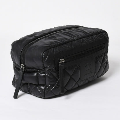 Chanel Coco Cocoon Clutch Black Nylon Calfskin Makeup Pouch Silver — view 3
