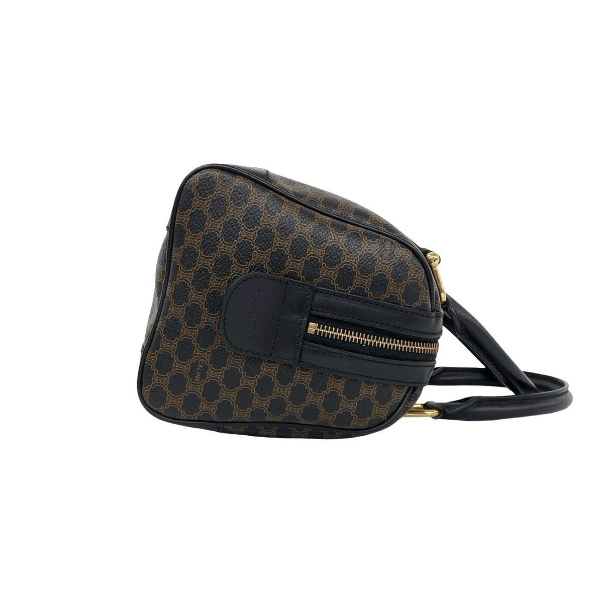 Celine Vintage Macadam Blason Logo Pattern Leather Mini Boston Bag Black Brown — view 6