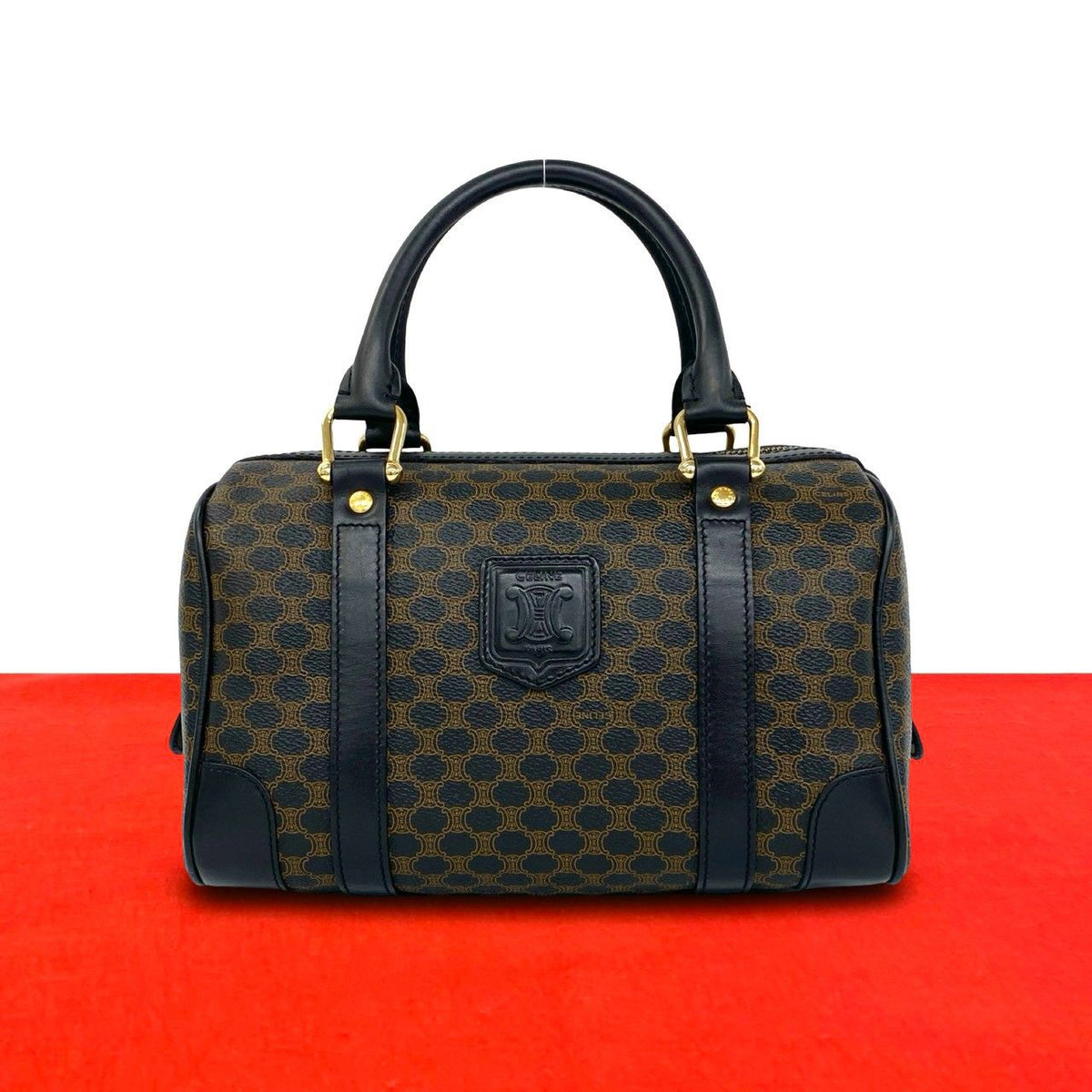 Celine Vintage Macadam Blason Logo Pattern Leather Mini Boston Bag Black Brown