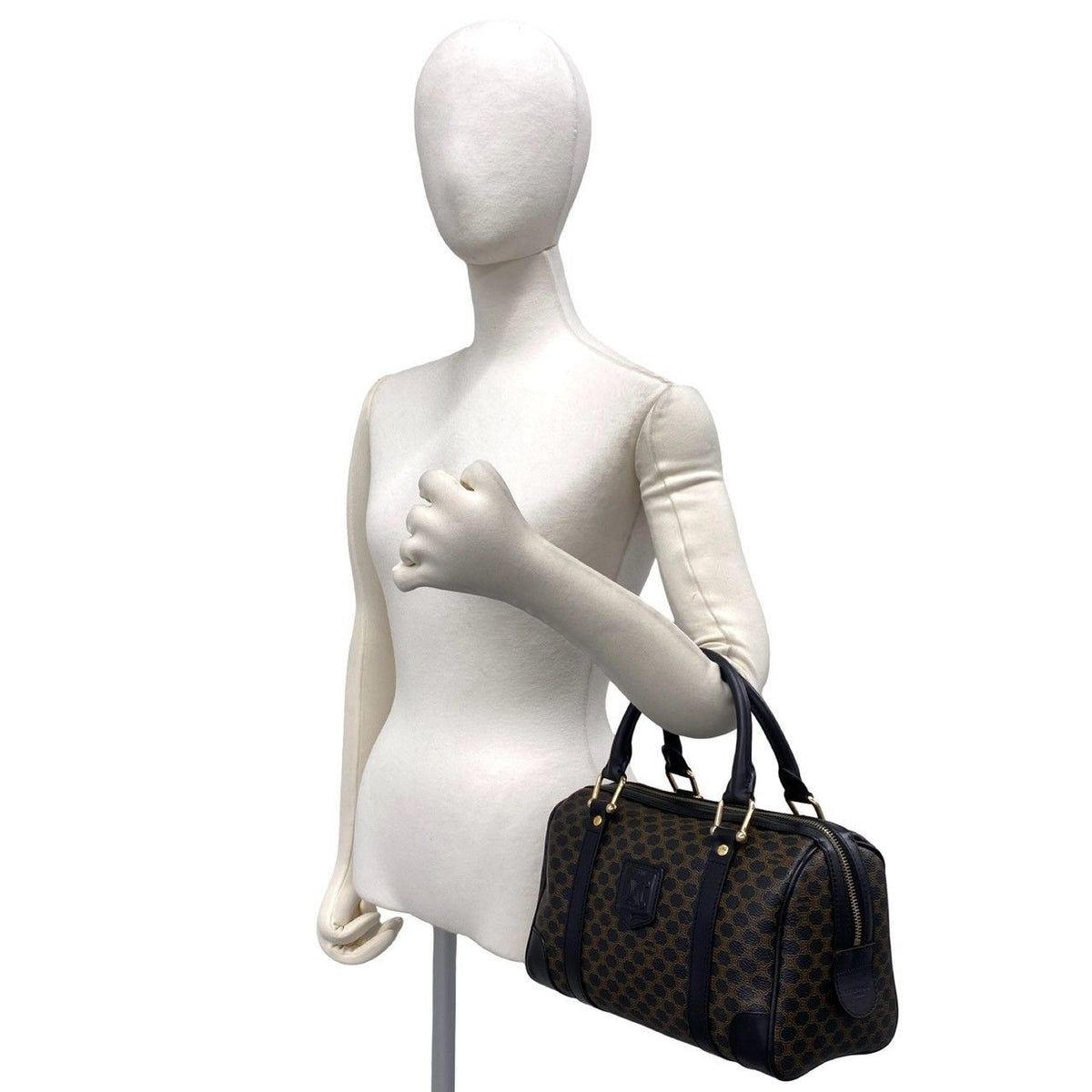 Celine Vintage Macadam Blason Logo Pattern Leather Mini Boston Bag Black Brown — view 2