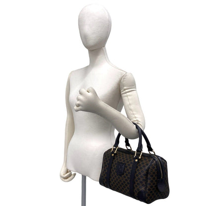 Celine Vintage Macadam Blason Logo Pattern Leather Mini Boston Bag Black Brown — view 2