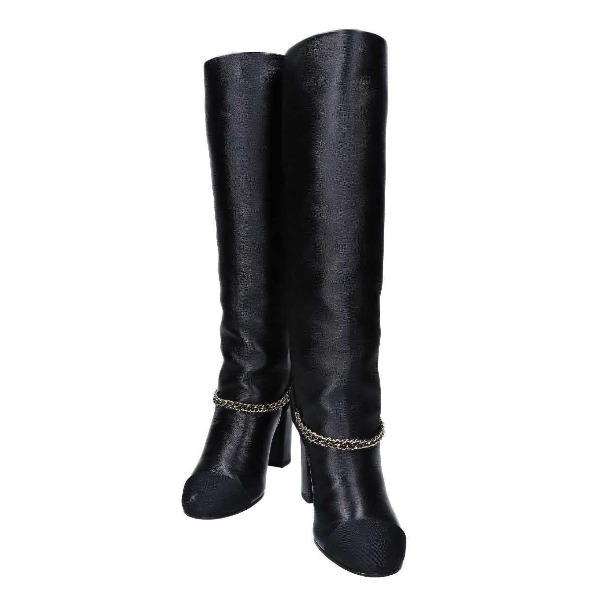 Chanel 23A CC Logo to Chain Chunky Heel Leather Long Boots