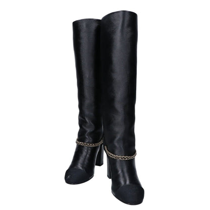 Chanel 23A CC Logo to Chain Chunky Heel Leather Long Boots