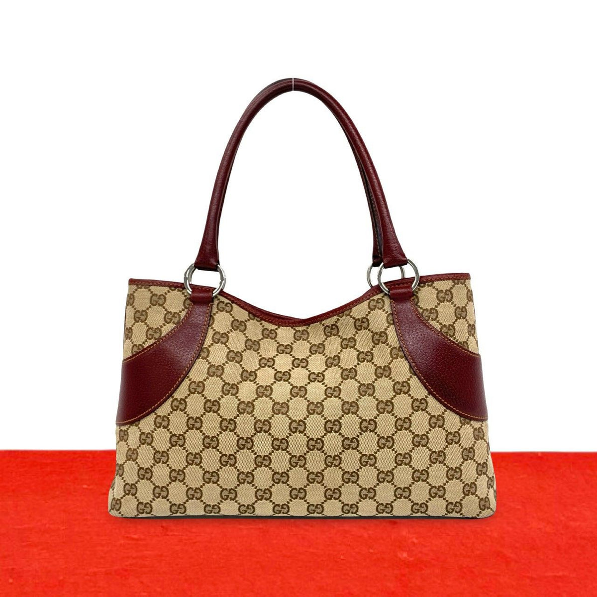 Gucci GG Logo Pattern Canvas Leather Tote Shoulder Bag Brown