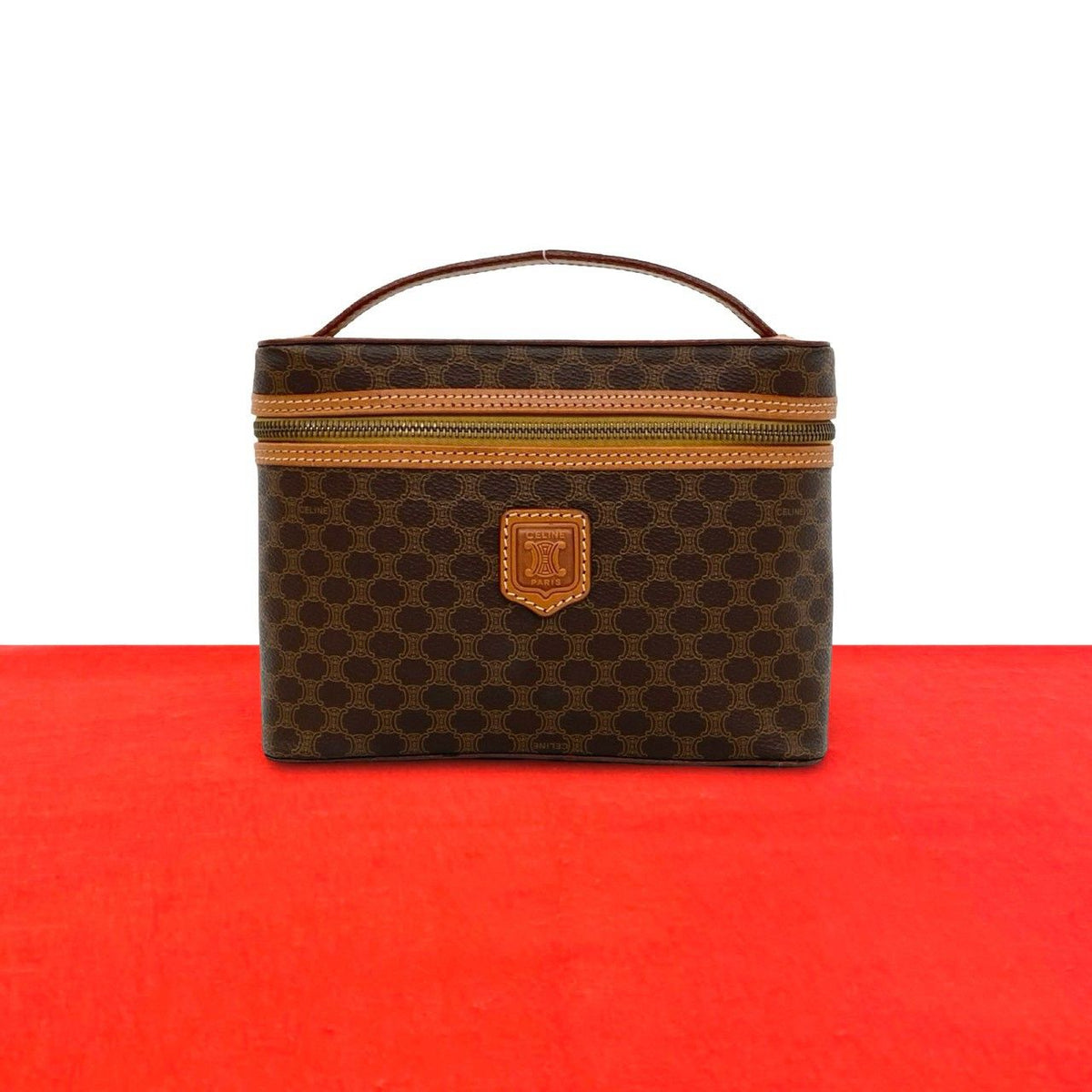 Celine Vintage Macadam Blason Pattern Triomphe Leather Handbag Vanity Bag Brown