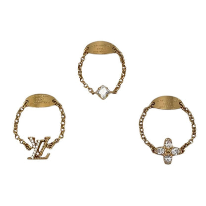 Louis Vuitton Ring Set LV L Metal Chain Monogram Flower Strass Rhinestone Gold