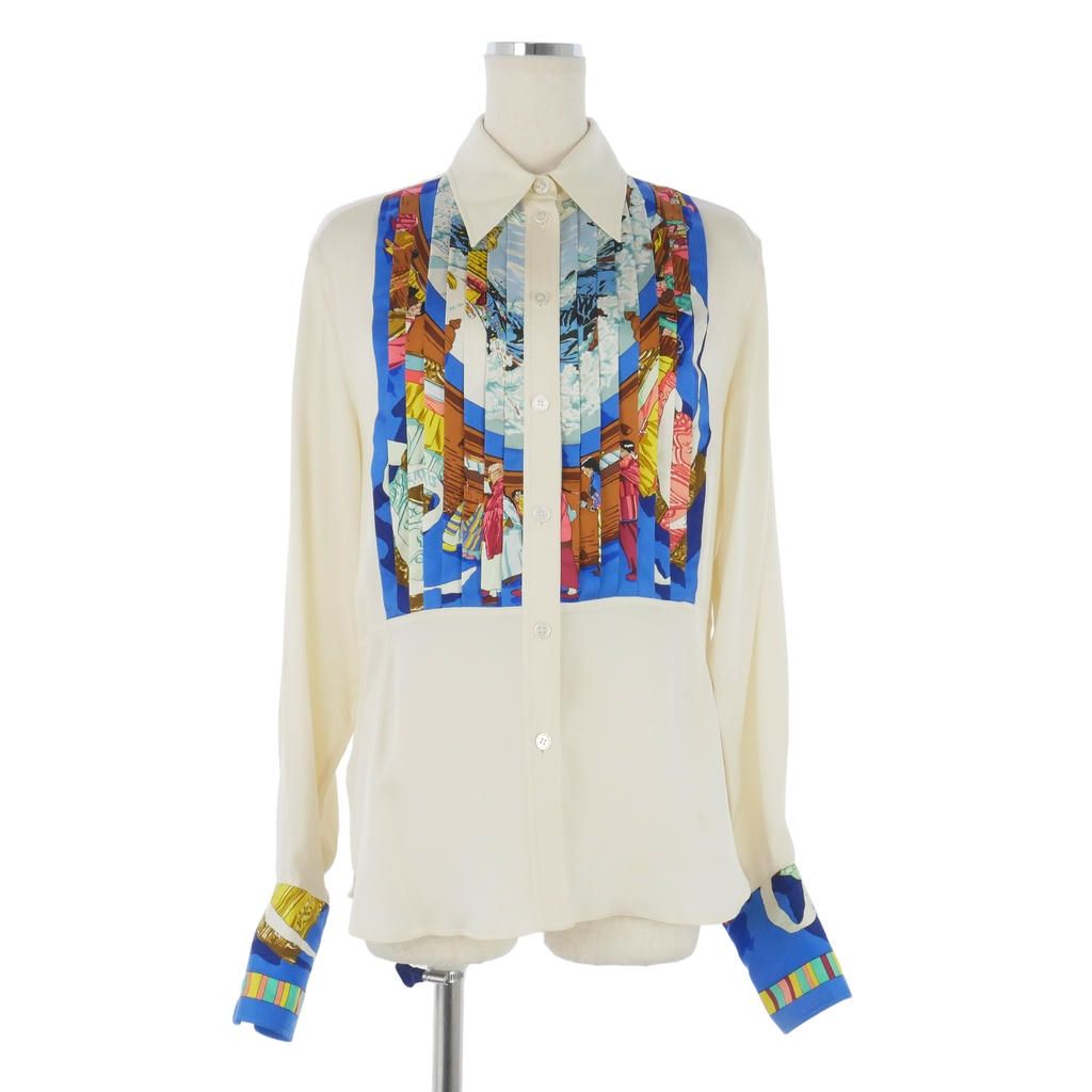 Hermes Vintage Prayer in the Wind Pleated Silk Shirt Blouse Sellier Buttons