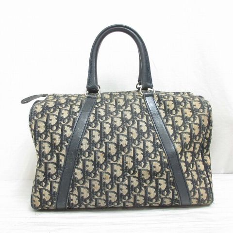 Dior Trotter Mini Boston Hand Bag Canvas Leather Navy Beige Vintage
