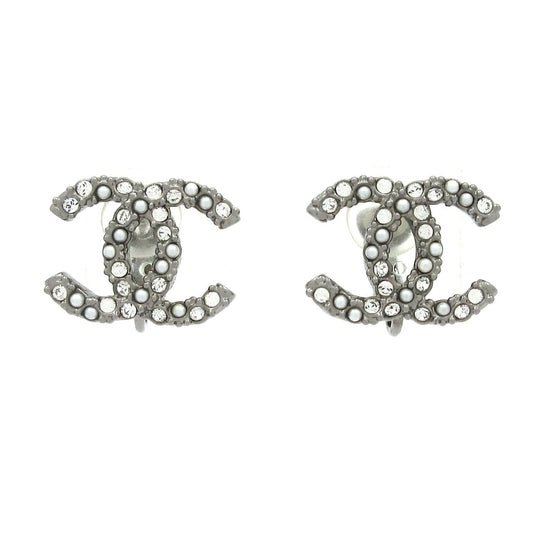 Chanel Earrings Dark Gray Silver Clear CC Logo
