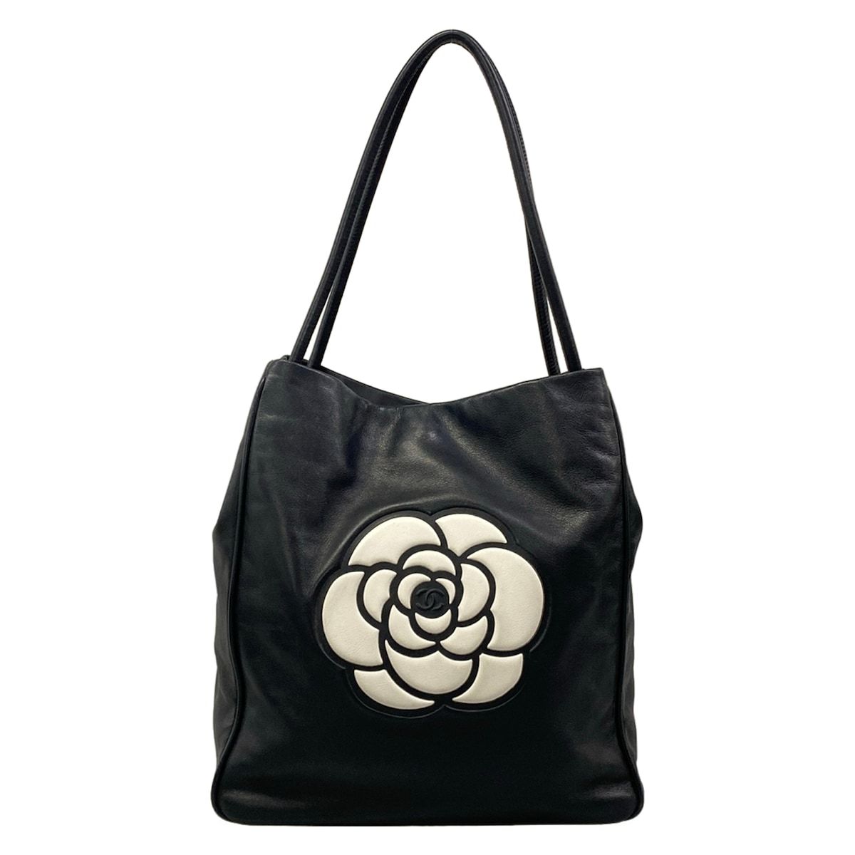 Chanel Tote Bag Camellia Black White Leather