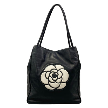 Chanel Tote Bag Camellia Black White Leather