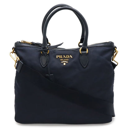 Prada Tote Shoulder Bag 2-Way Nylon Leather Navy Gold