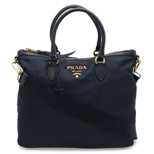 Prada Tote Shoulder Bag 2-Way Nylon Leather Navy Gold