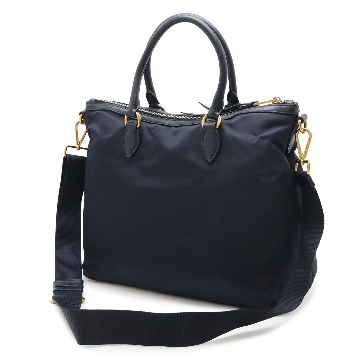 Prada Tote Shoulder Bag 2-Way Nylon Leather Navy Gold — view 2