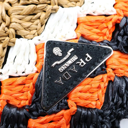 Prada Triangle Logo Basket Bag Handbag Black Brown Orange Raffia — view 8