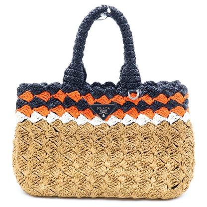 Prada Triangle Logo Basket Bag Handbag Black Brown Orange Raffia